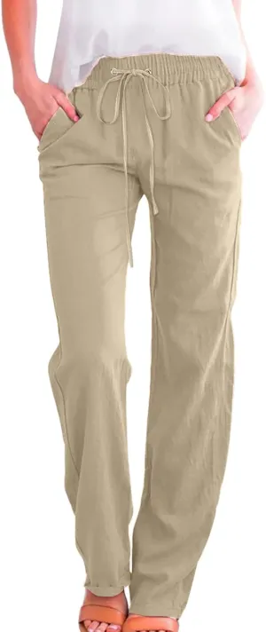 Women High Waist Cotton Linen Pants Straight Leg Casual Pants Loose Summer Beach Lightweight Drawstring Trousers with Pockets