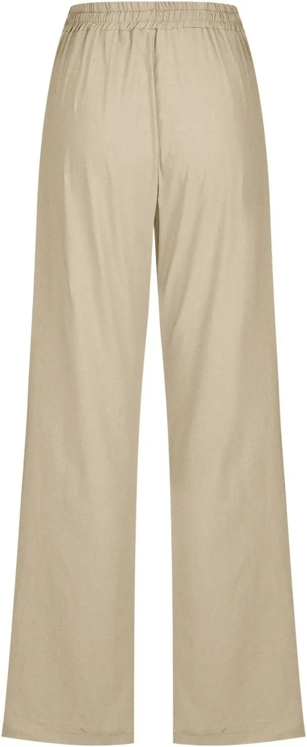 Women High Waist Cotton Linen Pants Straight Leg Casual Pants Loose Summer Beach Lightweight Drawstring Trousers with Pockets