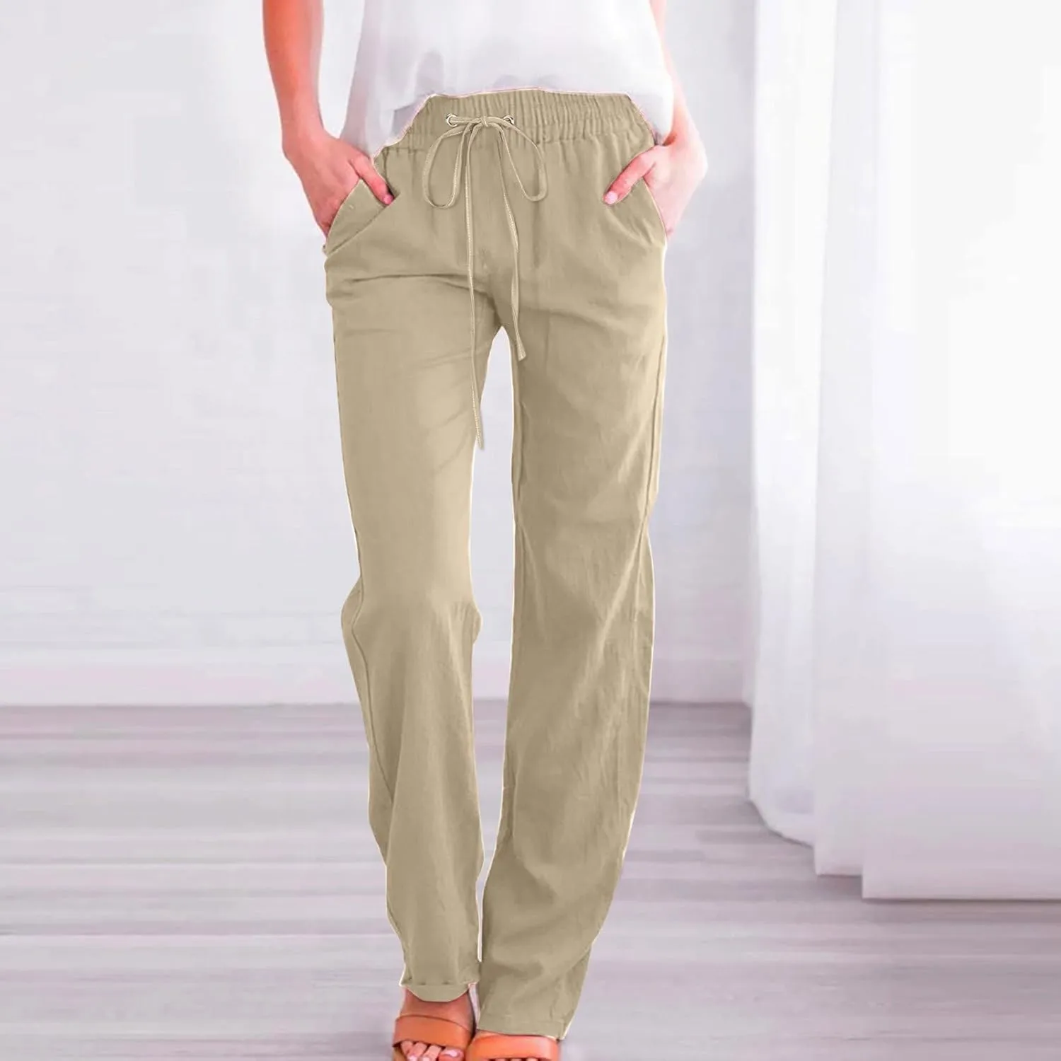 Women High Waist Cotton Linen Pants Straight Leg Casual Pants Loose Summer Beach Lightweight Drawstring Trousers with Pockets