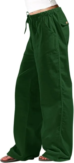 Women Linen Palazzo Pants Summer Wide Leg Elastic High Waist Casual Loose Beach Long Lounge Trousers with Pockets