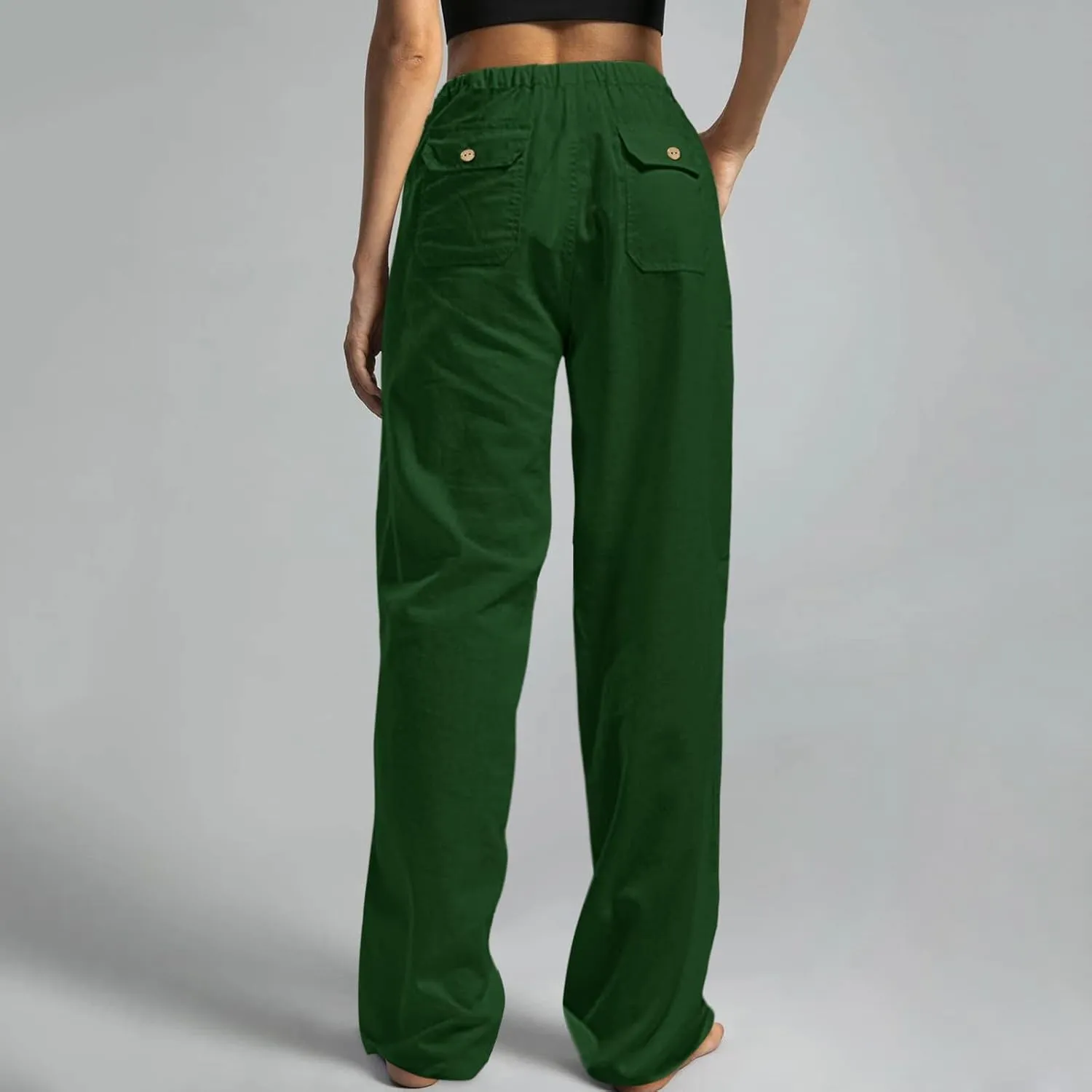 Women Linen Palazzo Pants Summer Wide Leg Elastic High Waist Casual Loose Beach Long Lounge Trousers with Pockets