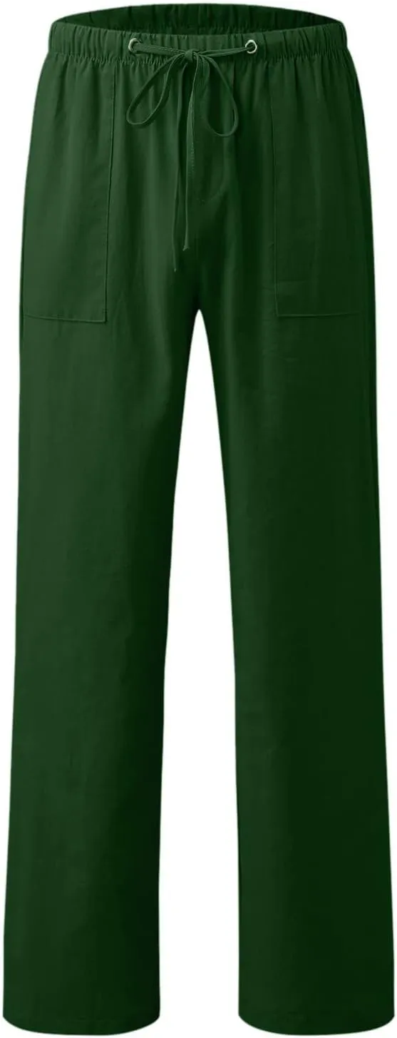 Women Linen Palazzo Pants Summer Wide Leg Elastic High Waist Casual Loose Beach Long Lounge Trousers with Pockets