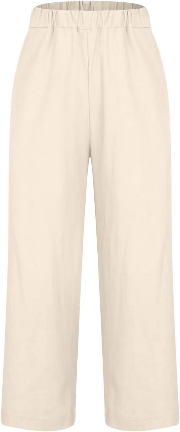 Women Linen Pants 2025 Summer Elastic Waist Straight Leg Lounge Pant Casual Lightweight Beach Trousers with Pockets