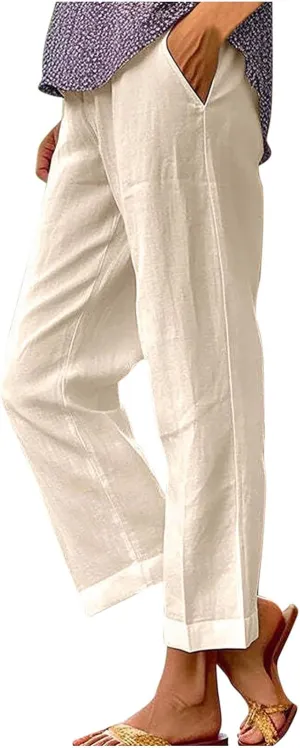 Women Linen Pants 2025 Summer Elastic Waist Straight Leg Lounge Pant Casual Lightweight Beach Trousers with Pockets