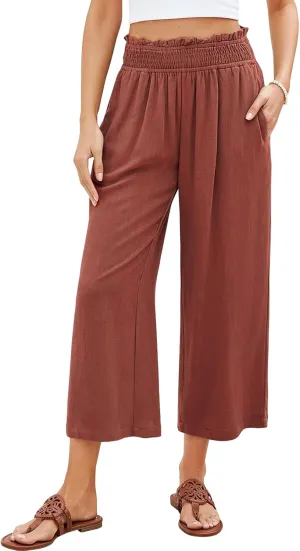 Women Linen Pants Boho Wide Leg High Waisted Pant Flowy Lounge Trousers Summer Beach Vacation Outfits with Pockets