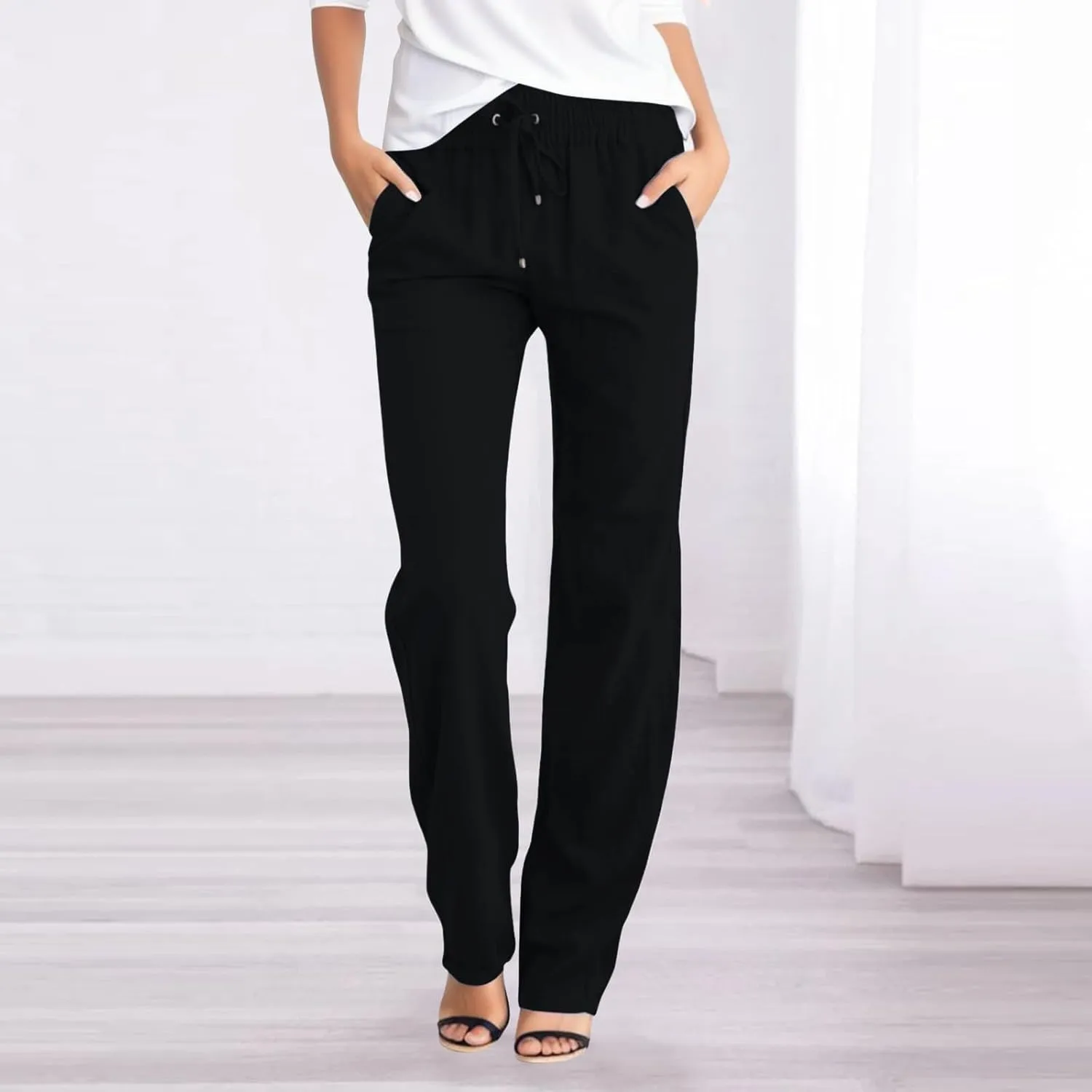 Women Linen Pants Casual Slim High Elastic Waist Color Sports and Linen Pants Summer Outfits for Women