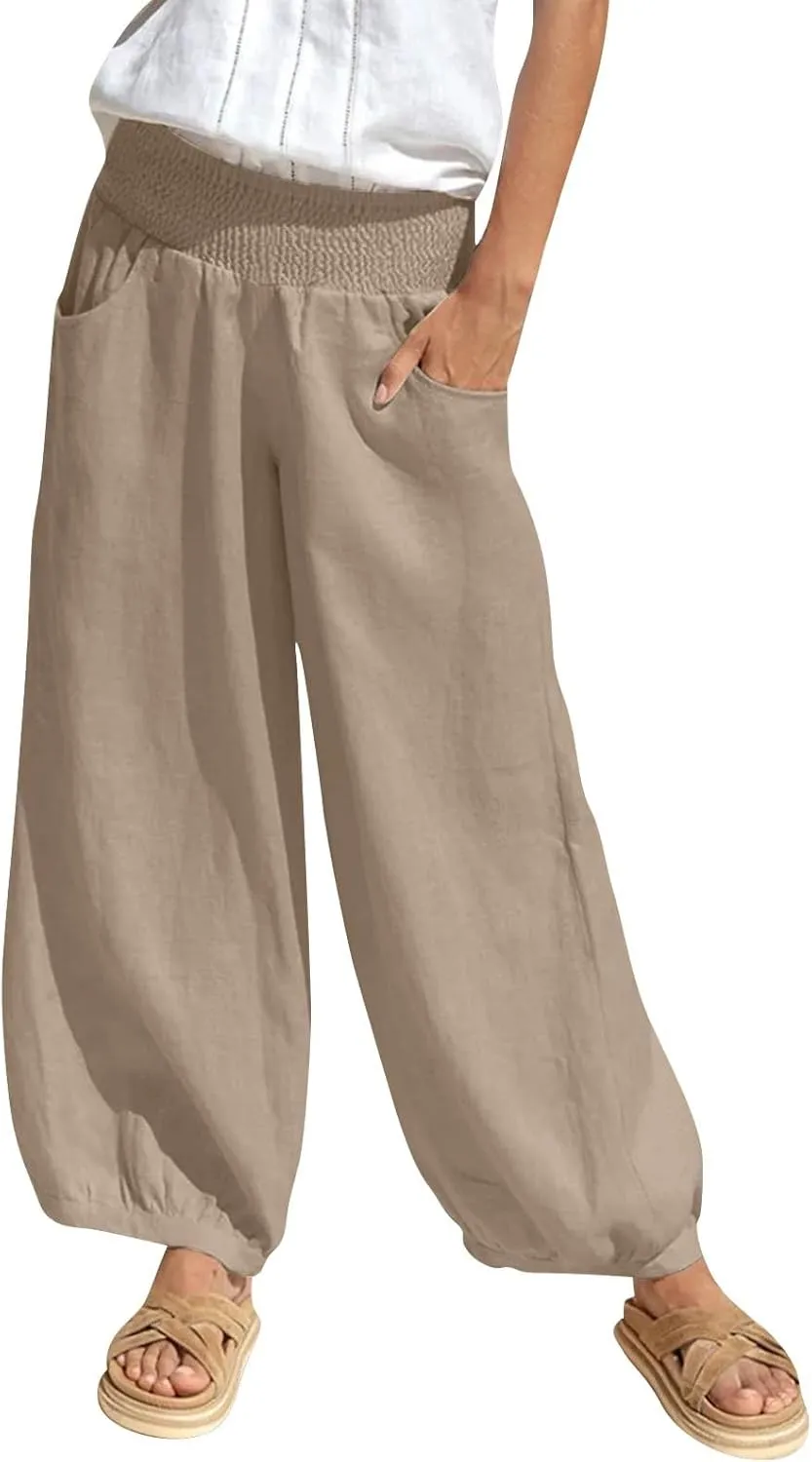 Women Linen Wide Leg Pants with Pockets Elastic Waist Loose Casual Summer Beach Vacation Solid Going Out Pants