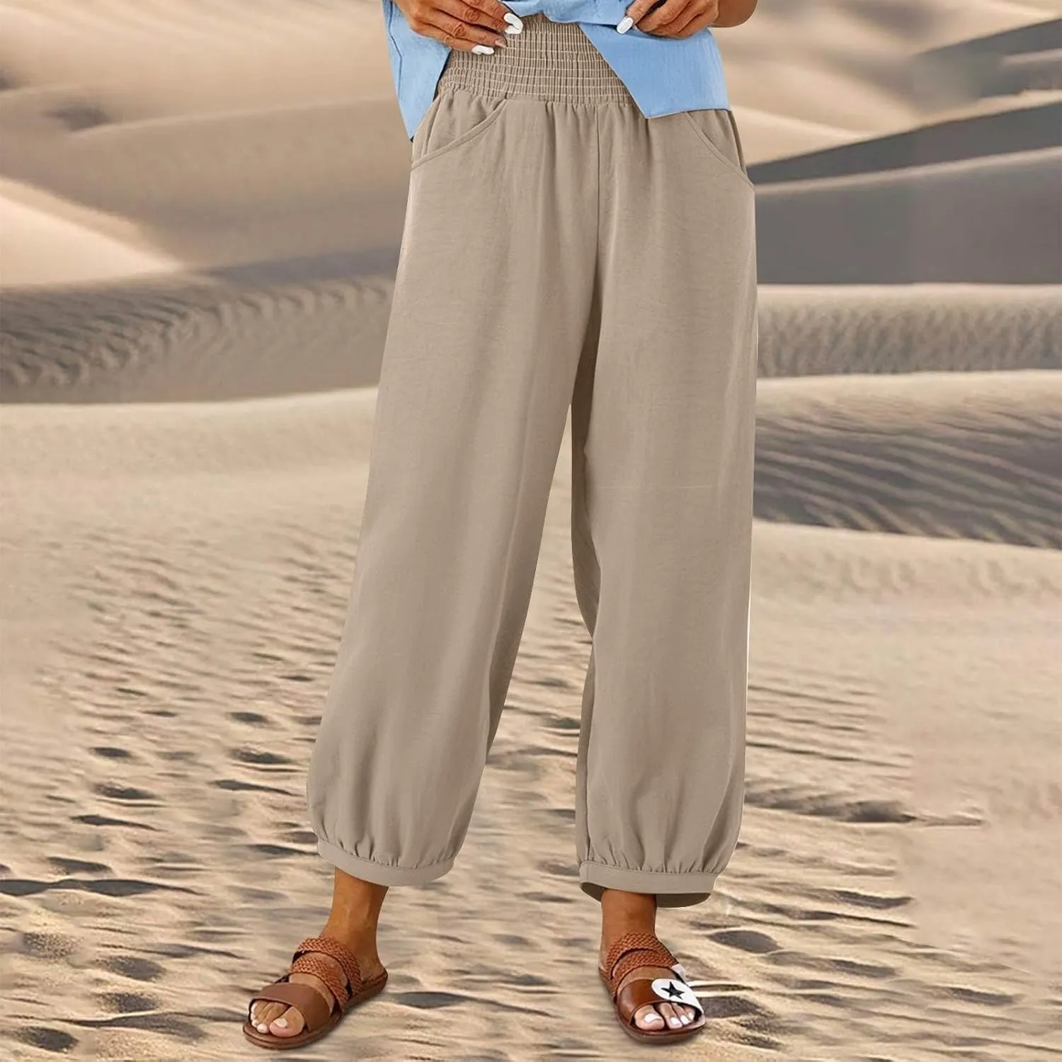 Women Linen Wide Leg Pants with Pockets Elastic Waist Loose Casual Summer Beach Vacation Solid Going Out Pants
