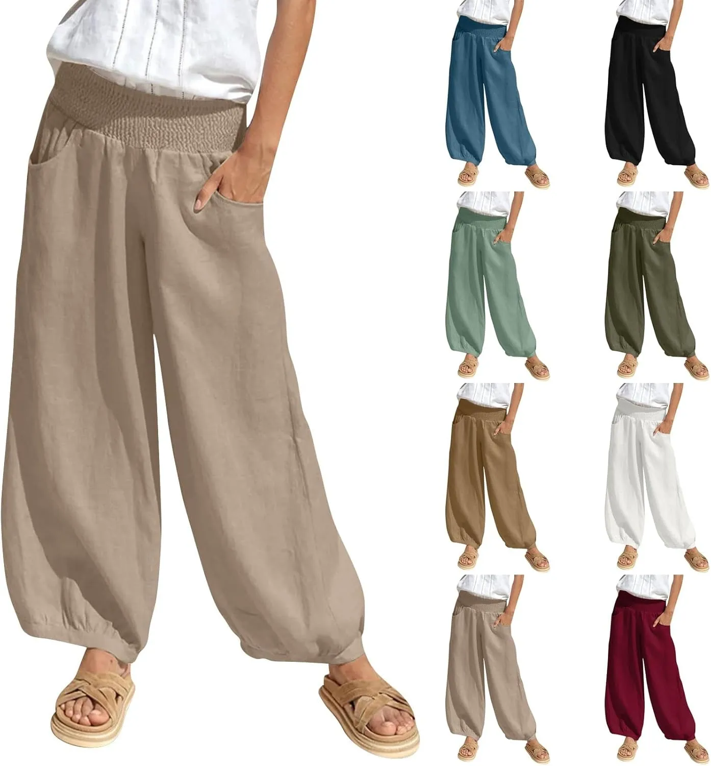 Women Linen Wide Leg Pants with Pockets Elastic Waist Loose Casual Summer Beach Vacation Solid Going Out Pants