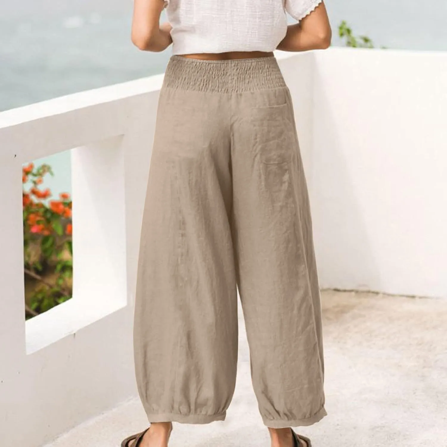 Women Linen Wide Leg Pants with Pockets Elastic Waist Loose Casual Summer Beach Vacation Solid Going Out Pants