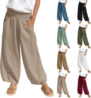 Women Linen Wide Leg Pants with Pockets Elastic Waist Loose Casual Summer Beach Vacation Solid Going Out Pants