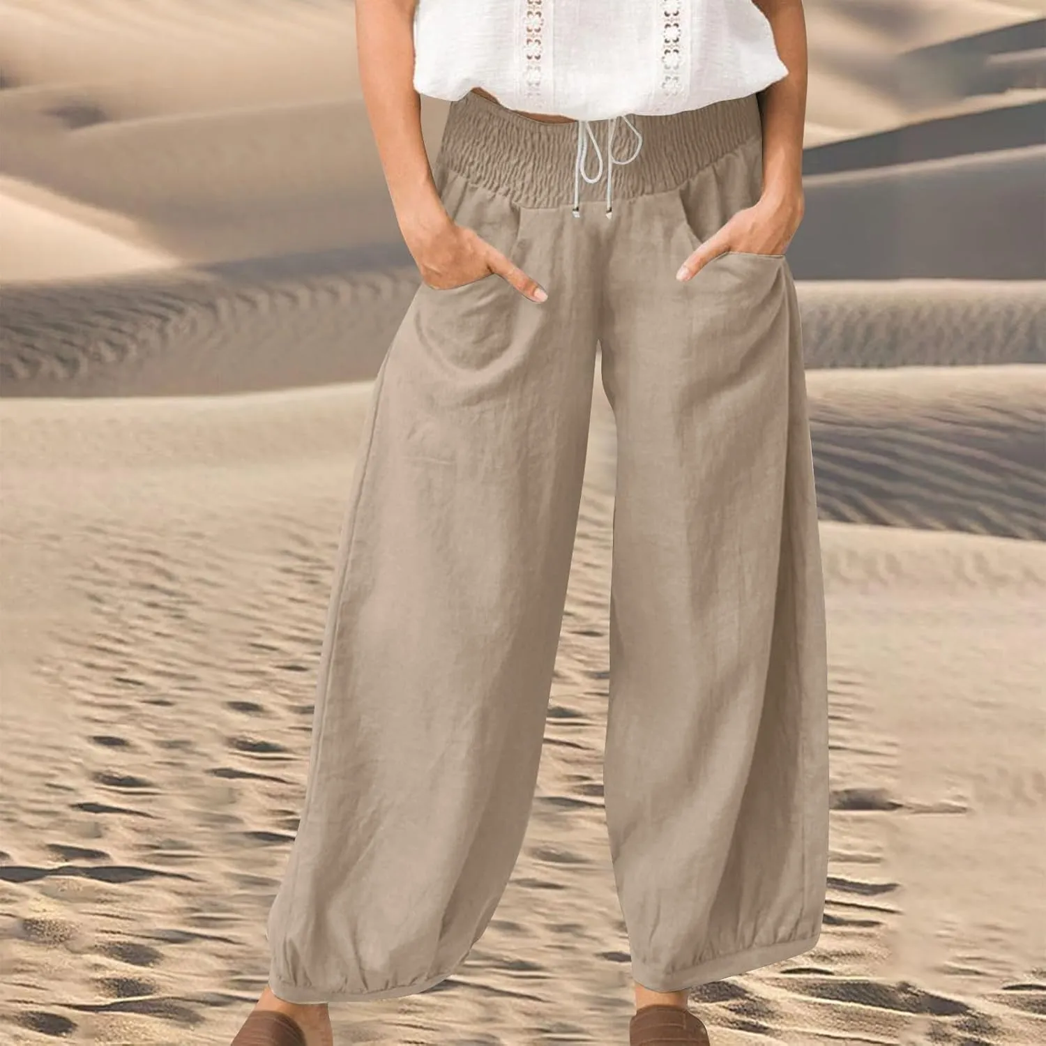 Women Linen Wide Leg Pants with Pockets Elastic Waist Loose Casual Summer Beach Vacation Solid Going Out Pants