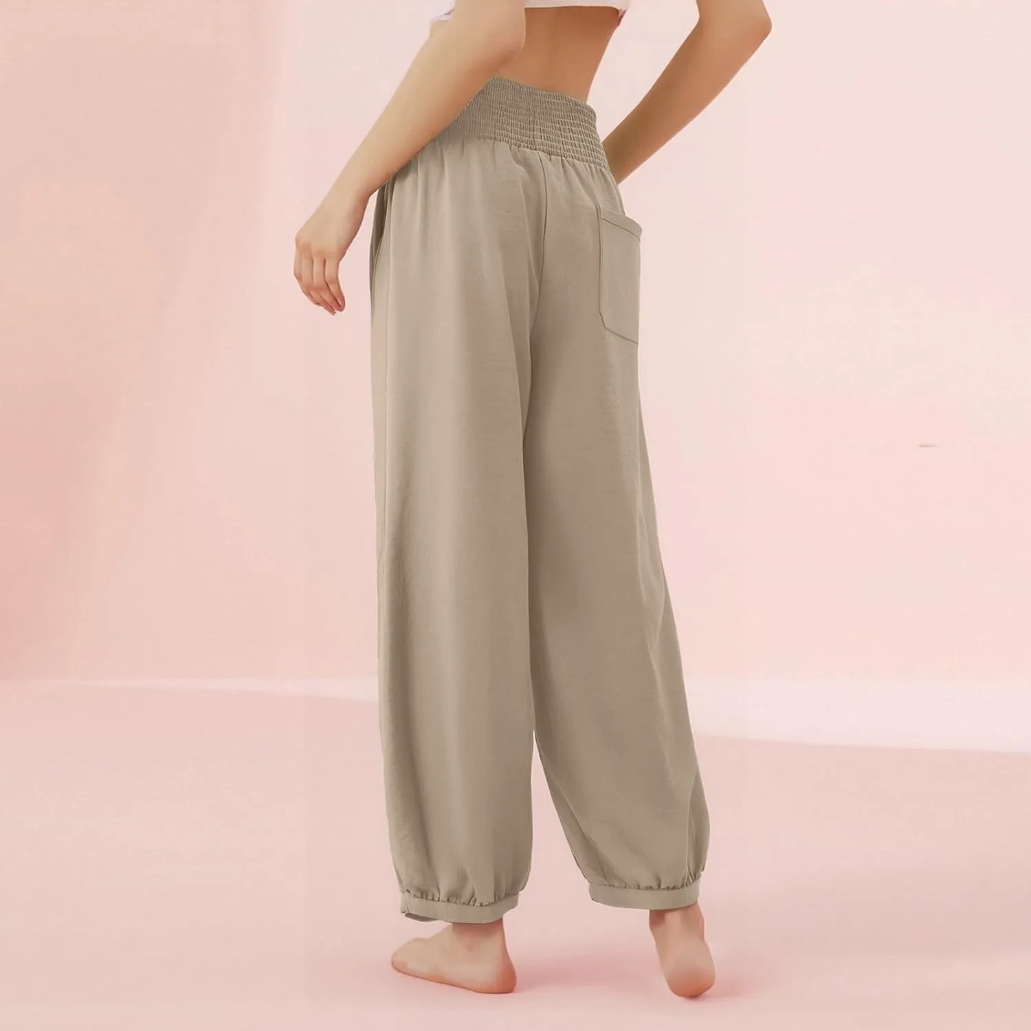 Women Linen Wide Leg Pants with Pockets Elastic Waist Loose Casual Summer Beach Vacation Solid Going Out Pants