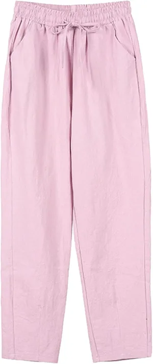 Women Loose Straight Casual Pants Cotton&Linen Pant with Pockets Summer High Waist Trousers for Vacation Travel