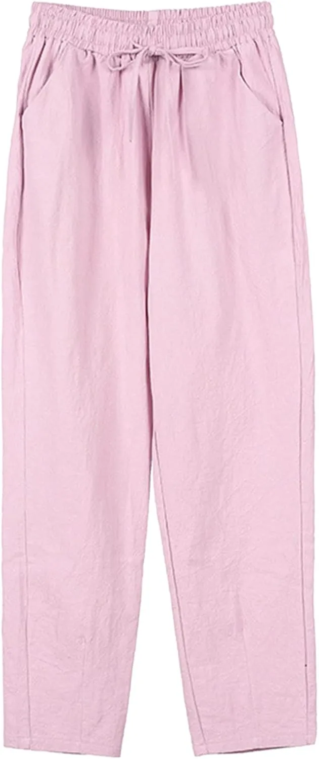 Women Loose Straight Casual Pants Cotton&Linen Pant with Pockets Summer High Waist Trousers for Vacation Travel