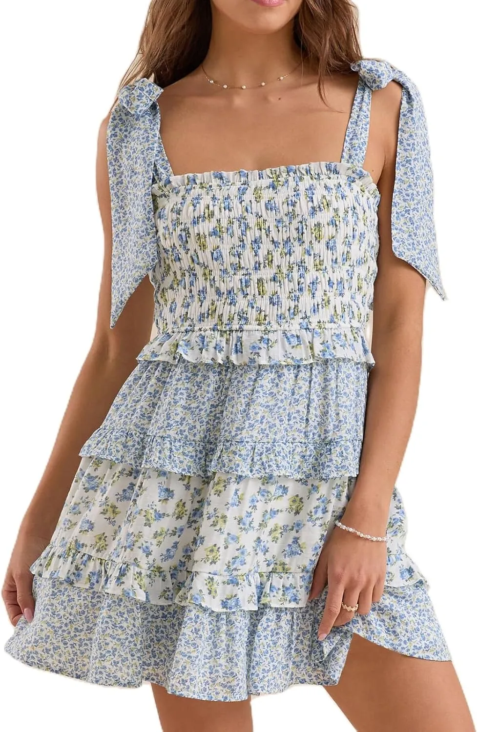 Women Patchwork Floral Mini Dress Y2k Short Puff Sleeve Tie Back Lace Ruffle Flowy Dresses Summer Boho Sundress