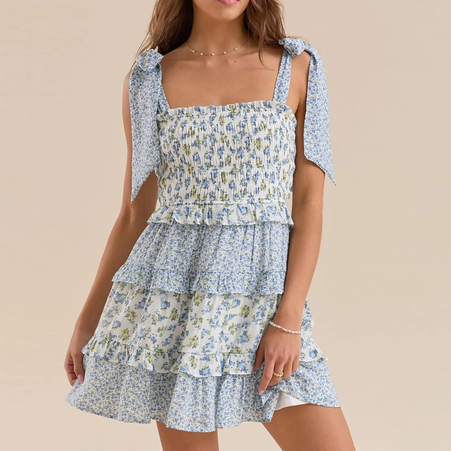 Women Patchwork Floral Mini Dress Y2k Short Puff Sleeve Tie Back Lace Ruffle Flowy Dresses Summer Boho Sundress