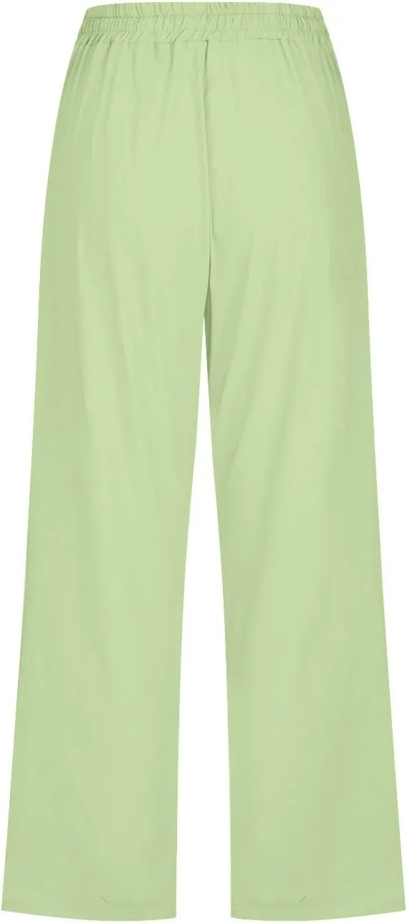 Women Plus Size Cotton Linen Capris Pants Drawstring Elastic High Waist Wide Leg Cropped Pants Lounge Trousers Slacks