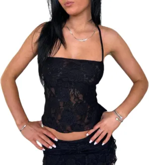 Women Sexy Lace Tank Top Halter Tie Back Camisole Sleeveless Crop Shirts Going Out Summer Streetwear