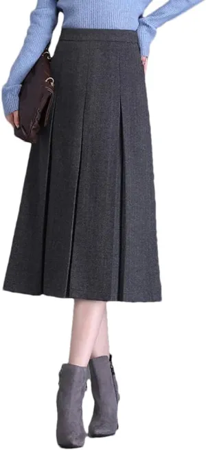 Women Skirt High Waisted A-Line Midi Skirt Folds Pleated Skirt