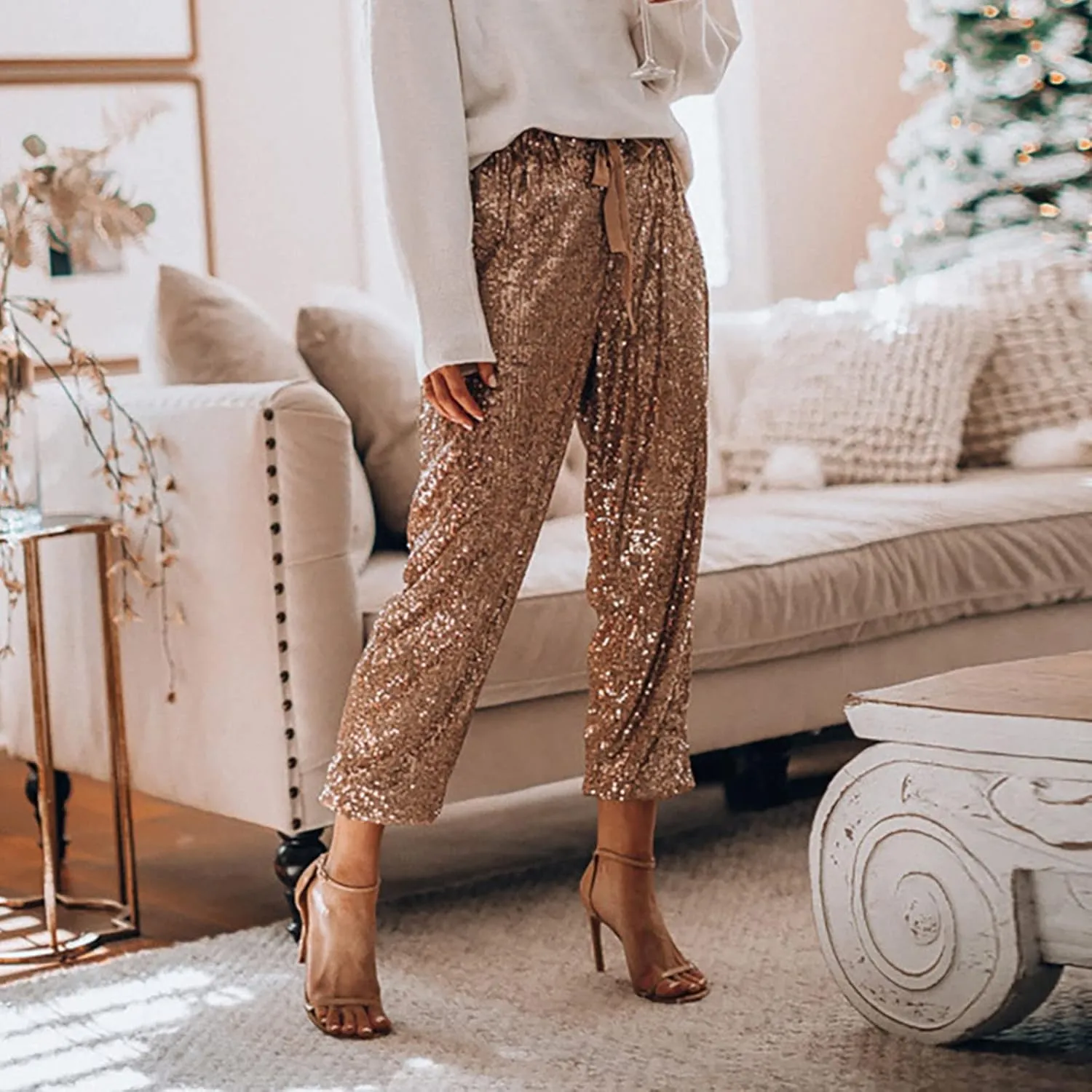 Women Sparkly Flared Leg Pants Cloth High Sequin Women Foot Sexy Pants Fashion Waisted Tape Trousers Night Out