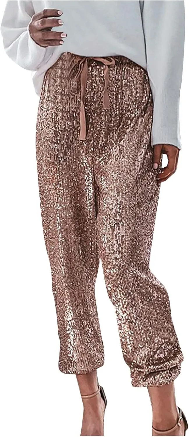 Women Sparkly Flared Leg Pants Cloth High Sequin Women Foot Sexy Pants Fashion Waisted Tape Trousers Night Out