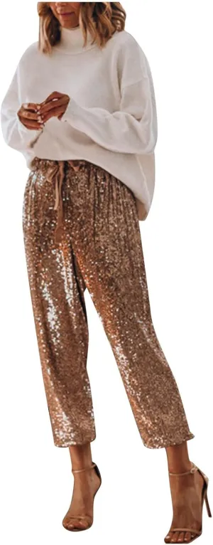 Women Sparkly Flared Leg Pants Cloth High Sequin Women Foot Sexy Pants Fashion Waisted Tape Trousers Night Out