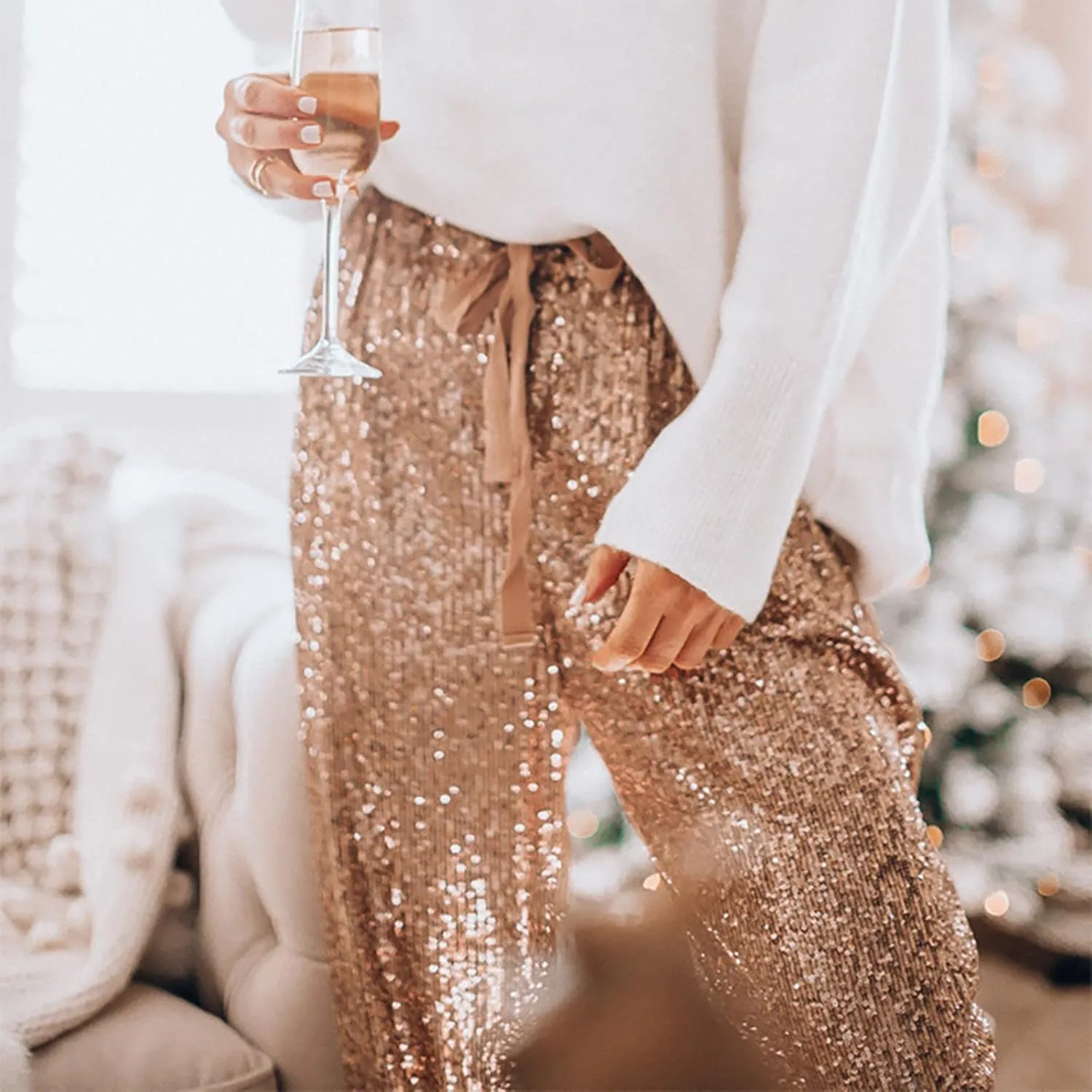 Women Sparkly Flared Leg Pants Cloth High Sequin Women Foot Sexy Pants Fashion Waisted Tape Trousers Night Out