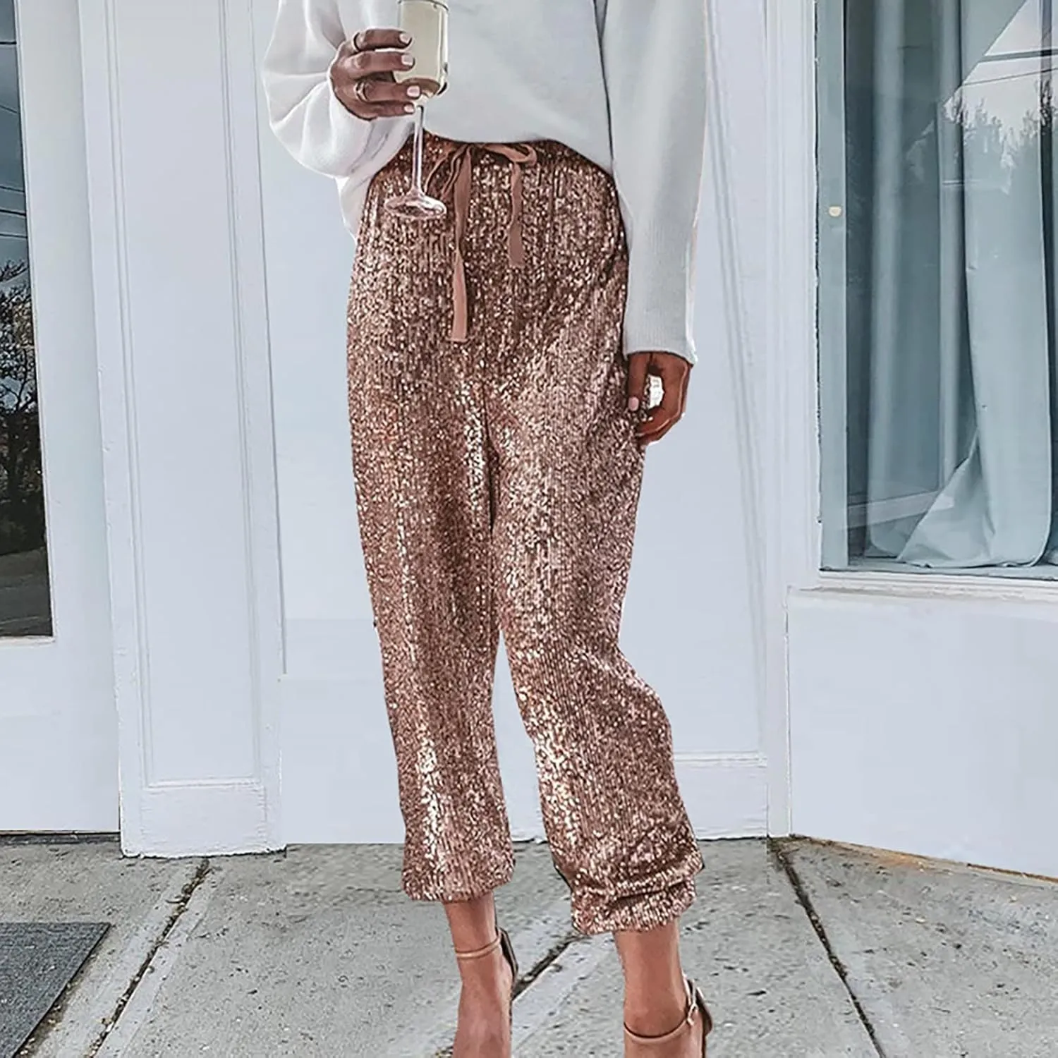 Women Sparkly Flared Leg Pants Cloth High Sequin Women Foot Sexy Pants Fashion Waisted Tape Trousers Night Out
