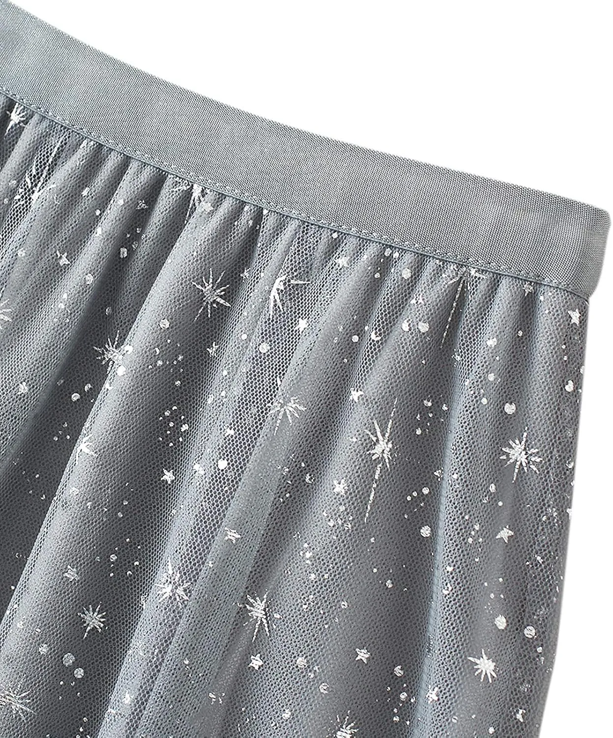 Women Starry Sky Gillter Midi Tulle Skirts High Waist Double Layer Mesh Tutu Sequin Skirts A-line Pleated Skirts