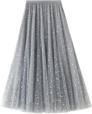 Women Starry Sky Gillter Midi Tulle Skirts High Waist Double Layer Mesh Tutu Sequin Skirts A-line Pleated Skirts