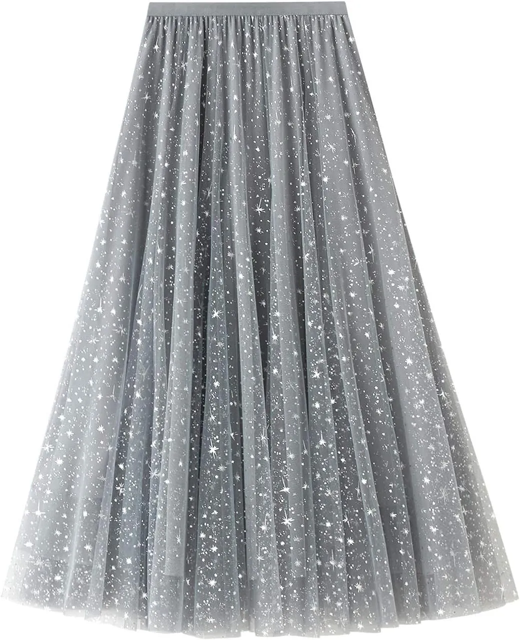 Women Starry Sky Gillter Midi Tulle Skirts High Waist Double Layer Mesh Tutu Sequin Skirts A-line Pleated Skirts