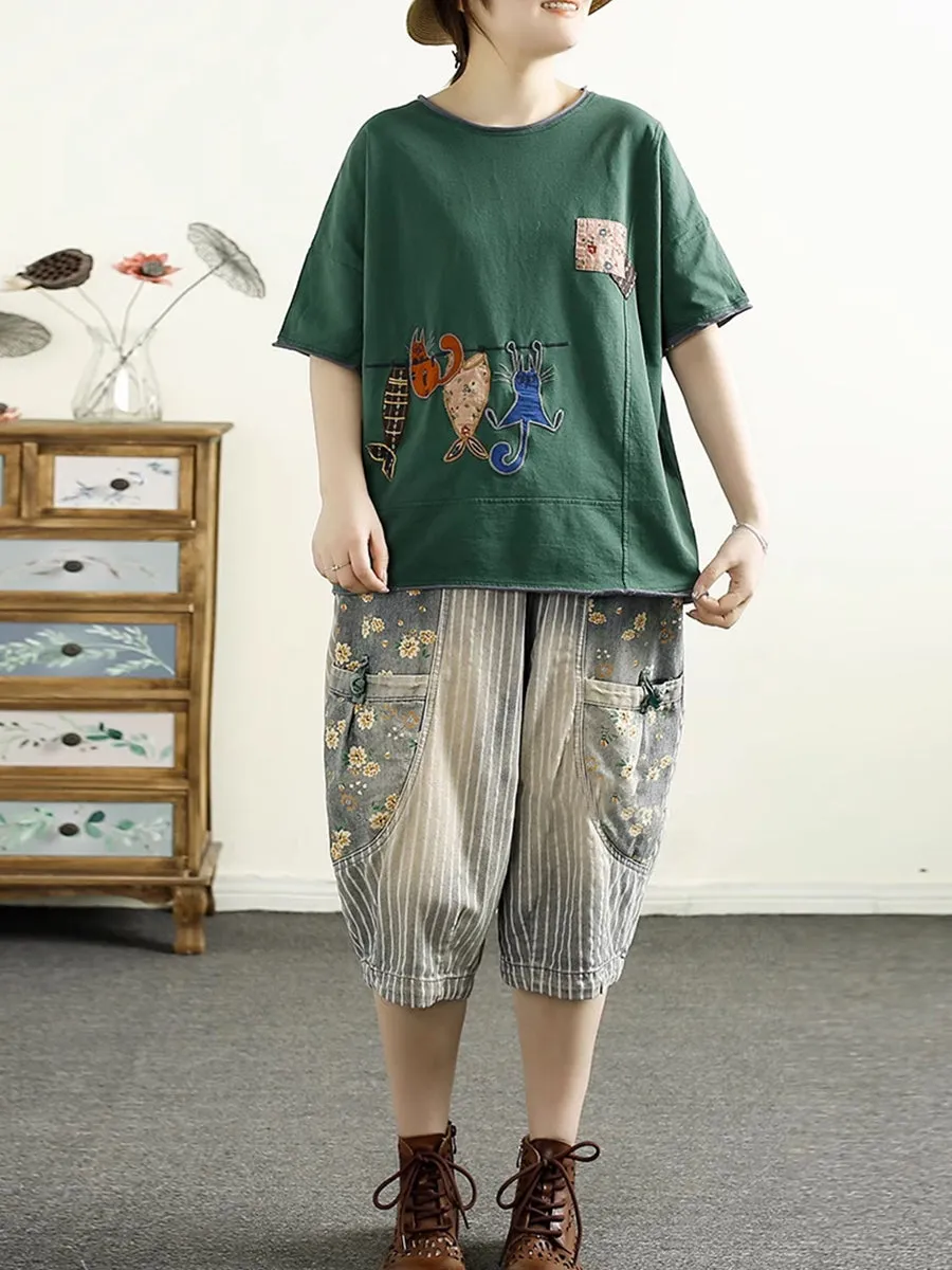 Women Summer Casual Cat Fish Spliced Cotton Shirt CV1038