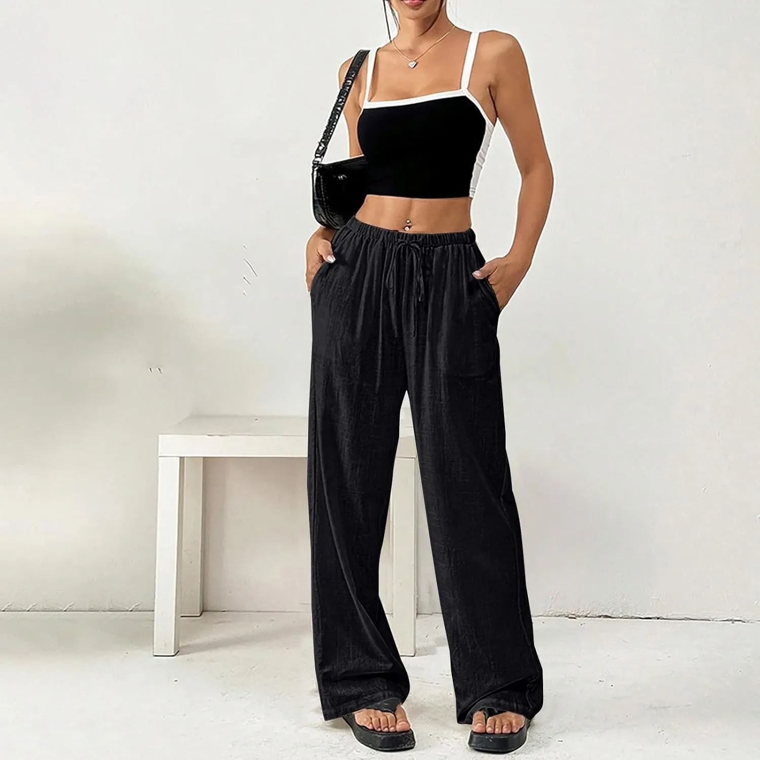 Women Summer Drawstring Pants Waist Wide Leg Pant Loose Cotton Linen Palazzo Trousers Casual Beach Long Clothes