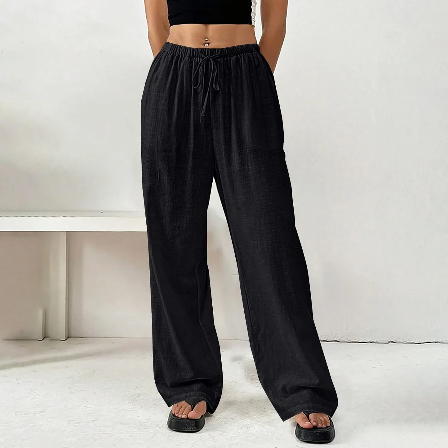Women Summer Drawstring Pants Waist Wide Leg Pant Loose Cotton Linen Palazzo Trousers Casual Beach Long Clothes