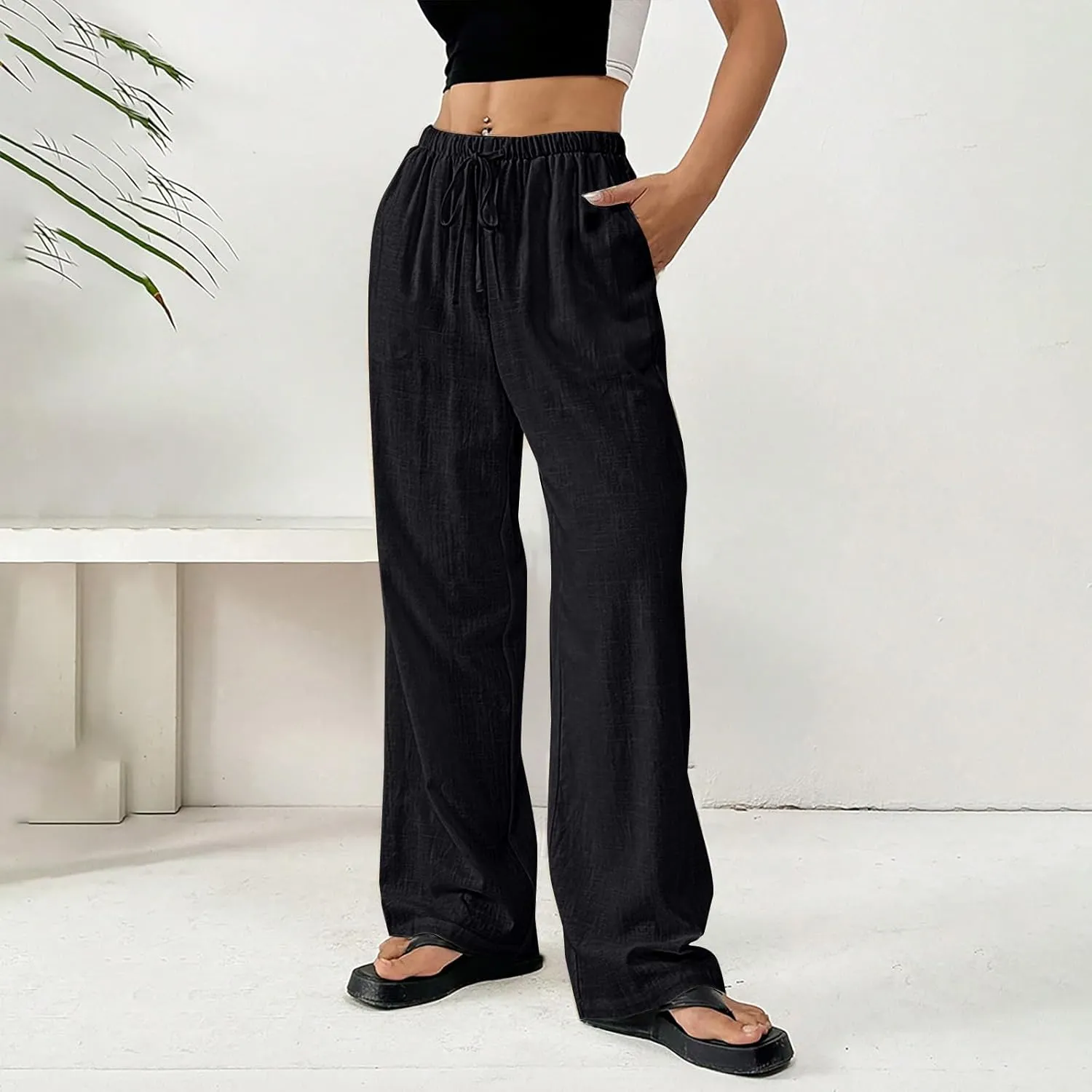 Women Summer Drawstring Pants Waist Wide Leg Pant Loose Cotton Linen Palazzo Trousers Casual Beach Long Clothes