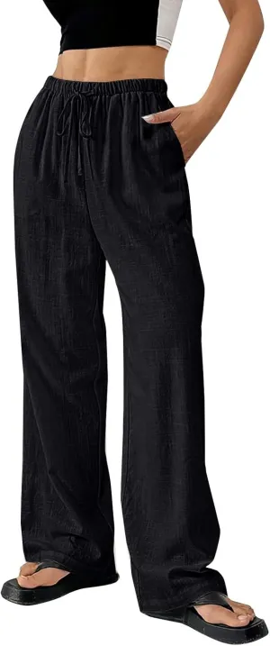 Women Summer Drawstring Pants Waist Wide Leg Pant Loose Cotton Linen Palazzo Trousers Casual Beach Long Clothes