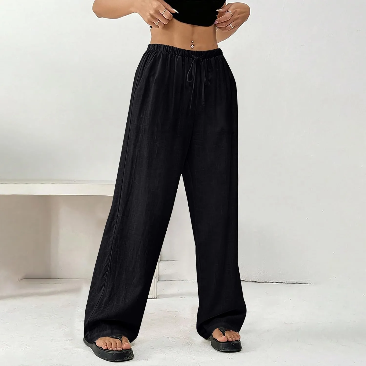Women Summer Drawstring Pants Waist Wide Leg Pant Loose Cotton Linen Palazzo Trousers Casual Beach Long Clothes