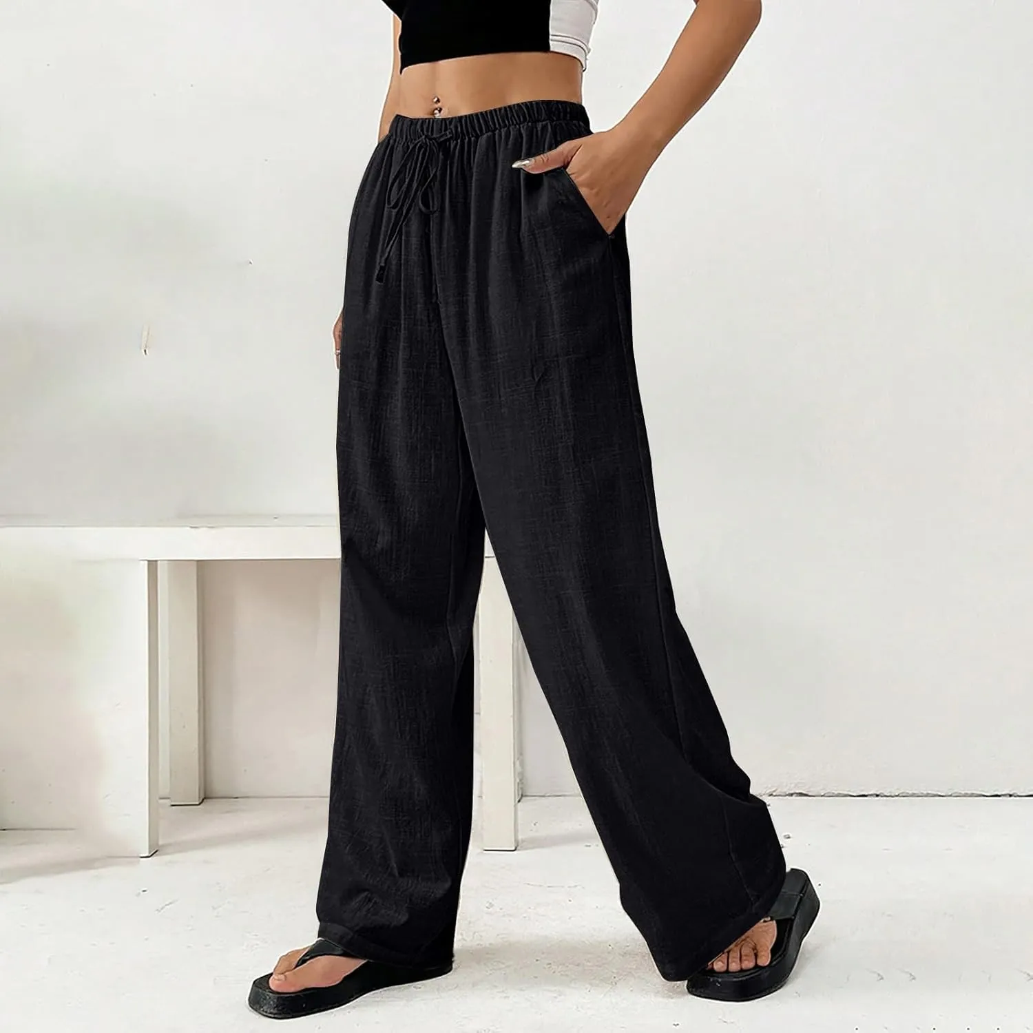 Women Summer Drawstring Pants Waist Wide Leg Pant Loose Cotton Linen Palazzo Trousers Casual Beach Long Clothes