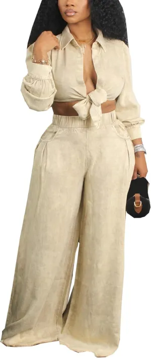 Women's 2 Piece Outfits 2024 Fall Sexy Long Sleeve Tie Front Crop Tops and Wide Leg Pants Sets Loungewear