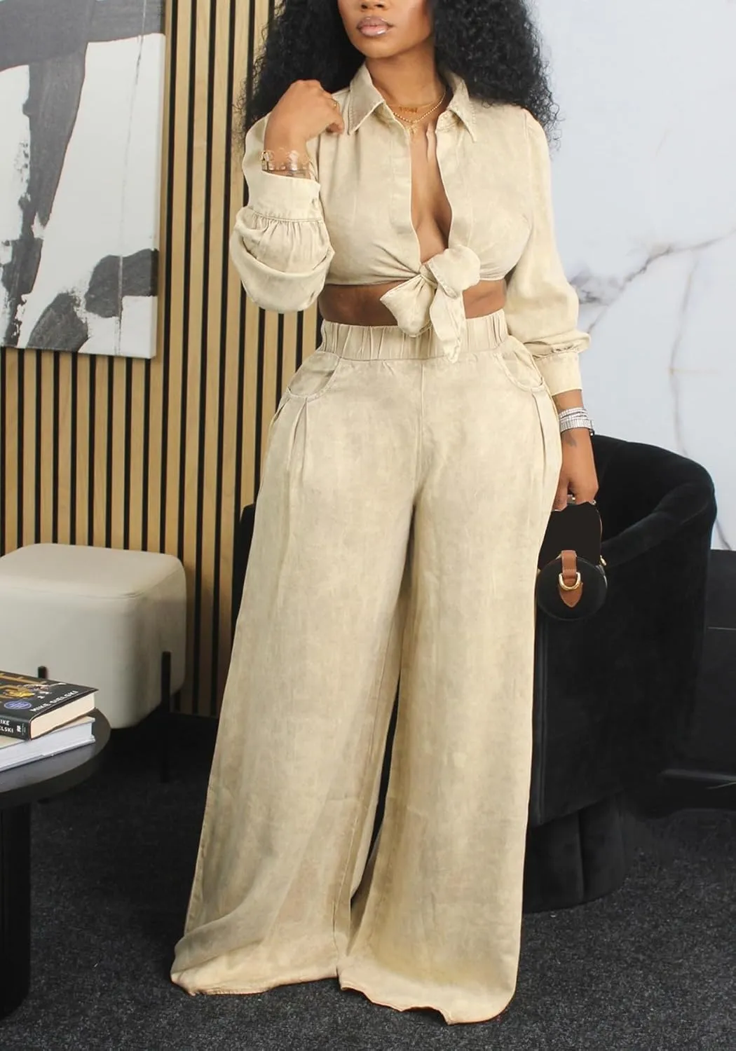 Women's 2 Piece Outfits 2024 Fall Sexy Long Sleeve Tie Front Crop Tops and Wide Leg Pants Sets Loungewear