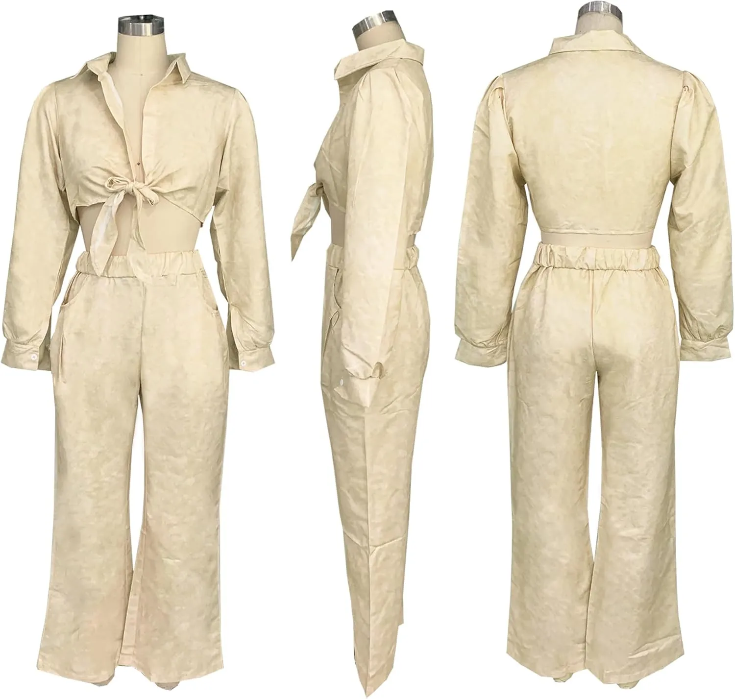Women's 2 Piece Outfits 2024 Fall Sexy Long Sleeve Tie Front Crop Tops and Wide Leg Pants Sets Loungewear