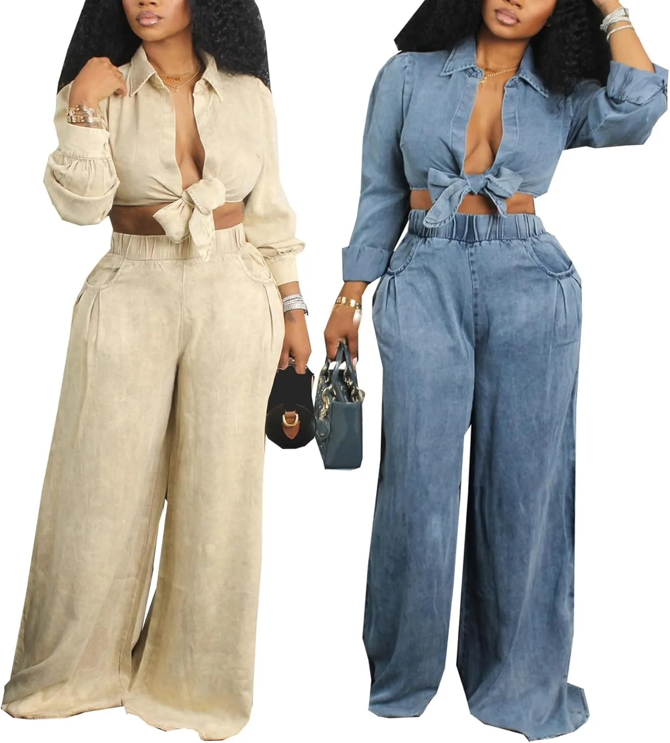 Women's 2 Piece Outfits 2024 Fall Sexy Long Sleeve Tie Front Crop Tops and Wide Leg Pants Sets Loungewear