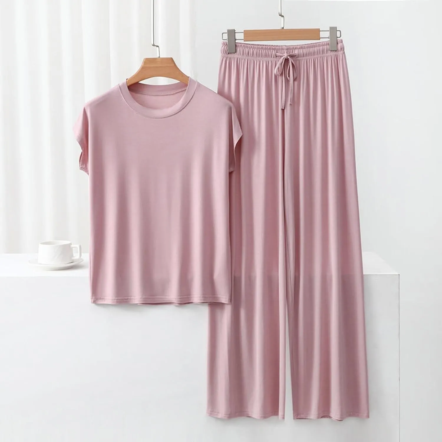 Womens 2 Piece Outfits 2025 Summer Casual Loose Short Sleeve Pullover Tops & Wide Leg Pants Lounge Sets Tracksuit