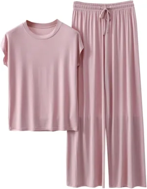 Womens 2 Piece Outfits 2025 Summer Casual Loose Short Sleeve Pullover Tops & Wide Leg Pants Lounge Sets Tracksuit