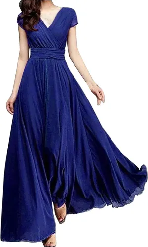 Women's 2024 Summer Casual Short Sleeve V Neck Smocked Elastic Waist Chiffon Evening Dress
