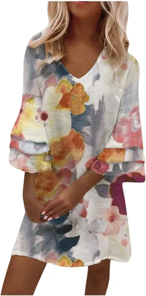 Womens 3/4 Bell Sleeve V Neck Elegant Mini Dress Floral Printed Beachwear Temperament Casual Resort Dress