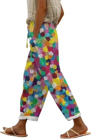 Women's Boho Floral Linen Pants Casual Elastic High Waisted Wide Leg Summer Beach Trousers with Pockets Plus Size