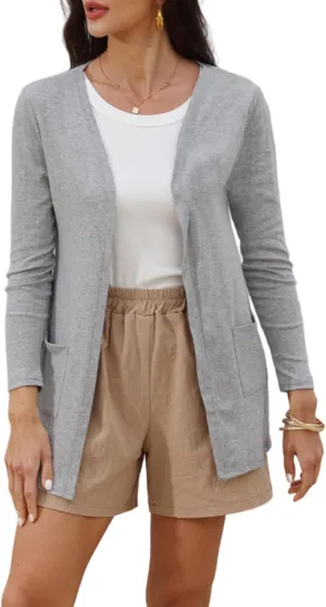 Women's Casual Cardigan 2025 Spring Lightweight with Pockets Open Front Basic Long Sleeve Loose Shirts