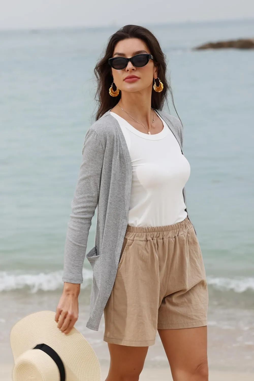 Women's Casual Cardigan 2025 Spring Lightweight with Pockets Open Front Basic Long Sleeve Loose Shirts